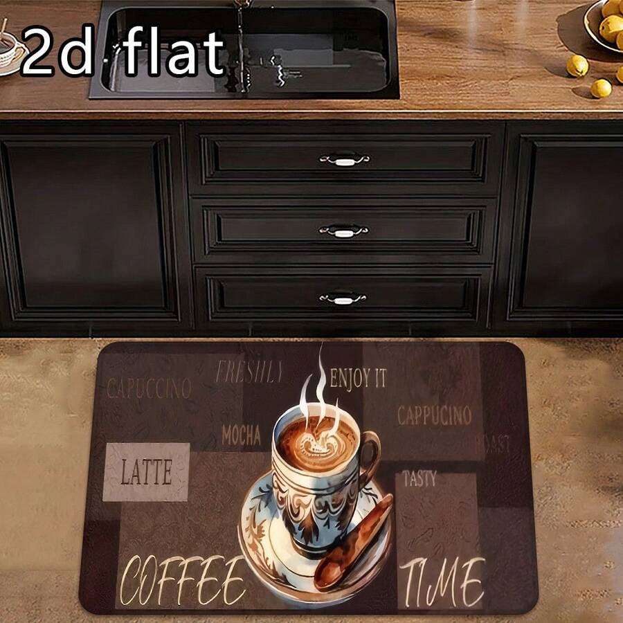 1pc/2pcs/3pcs Soft Kitchen Floor Mat With Coffee Print Design, Machine Washable, Non-Slip, Oil & Water Resistant, Lightweight Polyester Rectangular Rug For Kitchen And Dining Room, Coffee Themed Soft Textured Mat, Coffee Bar Mat - Multicolor - View 1