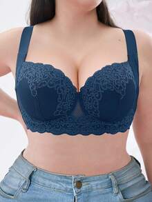 Plus Size Floral Lace Underwire Bra, Wide Strap Comfortable Style, Full Cup Design, Exquisite Lace Details, Supportive Underwire For Lifted Bust - Blue - View 9