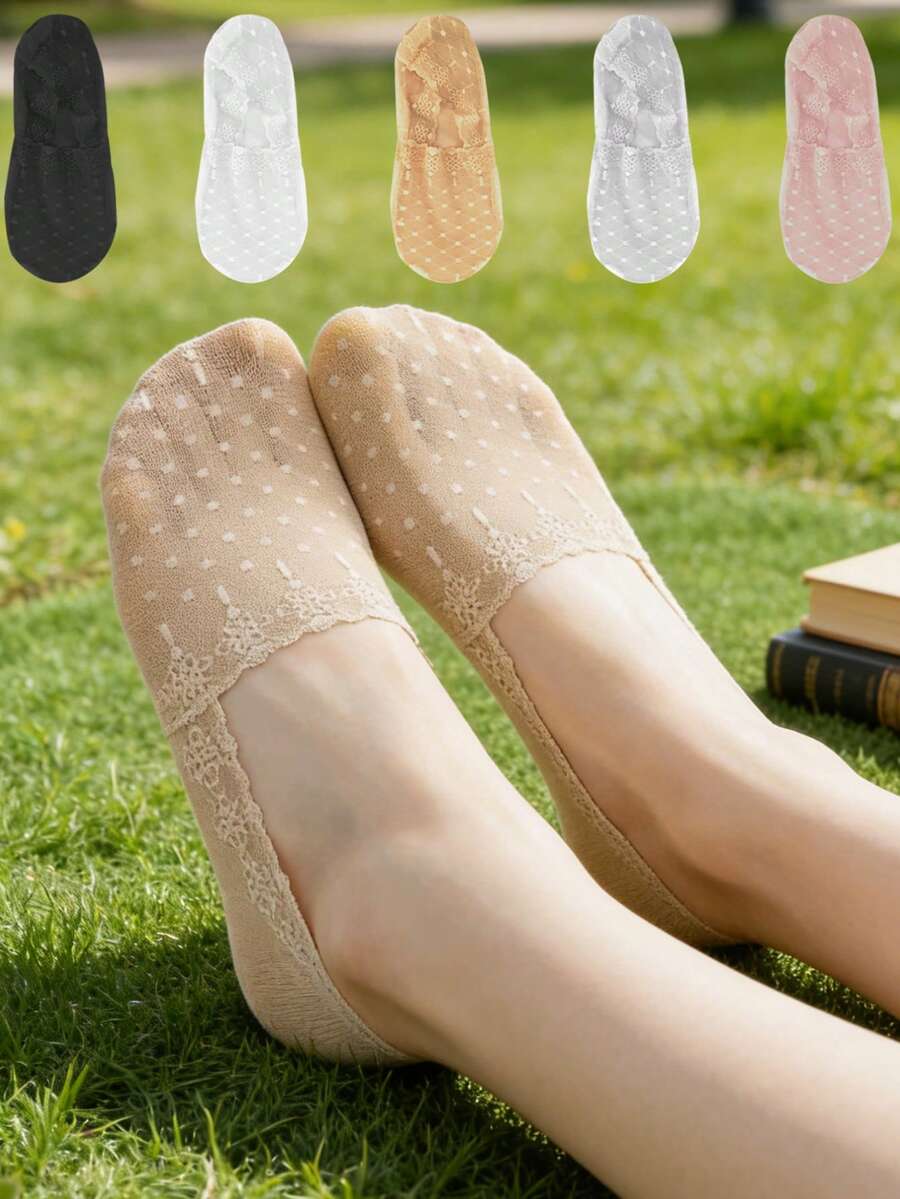 1/5/10 Pairs Of Fashionable Spring And Summer Women's Cool Feeling Skin Friendly Non Slip Mouth Polka Dot Lace Boat Scks ﻿