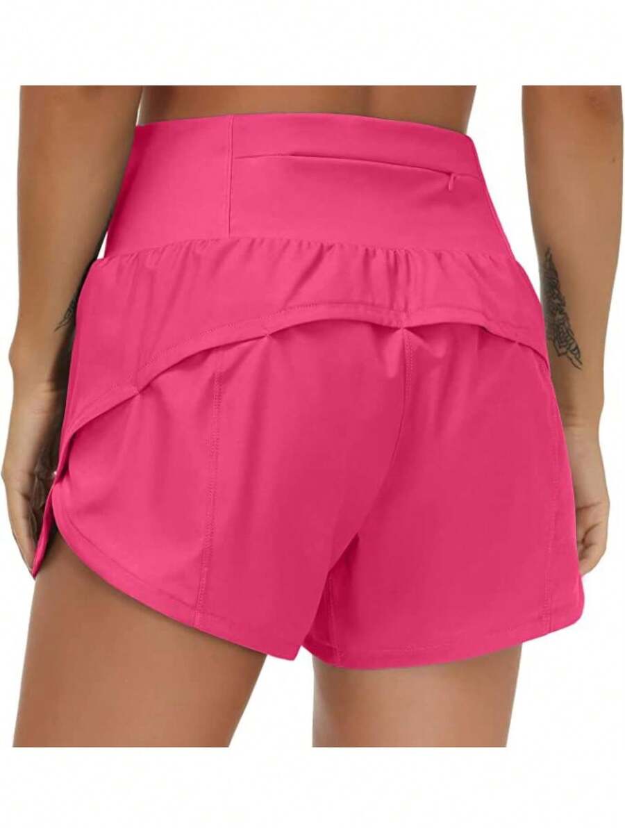 Womens High Waisted Running Shorts Quick Dry Athletic Workout Shorts With Mesh Liner Zipper Pockets - 亮粉紅色 - 查看 1