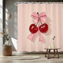 1/4 件装樱花蝴蝶结图案防水涤纶浴帘，配 12 个挂钩，浴室防滑垫，马桶座套和 U 型垫 - A - 查看 20