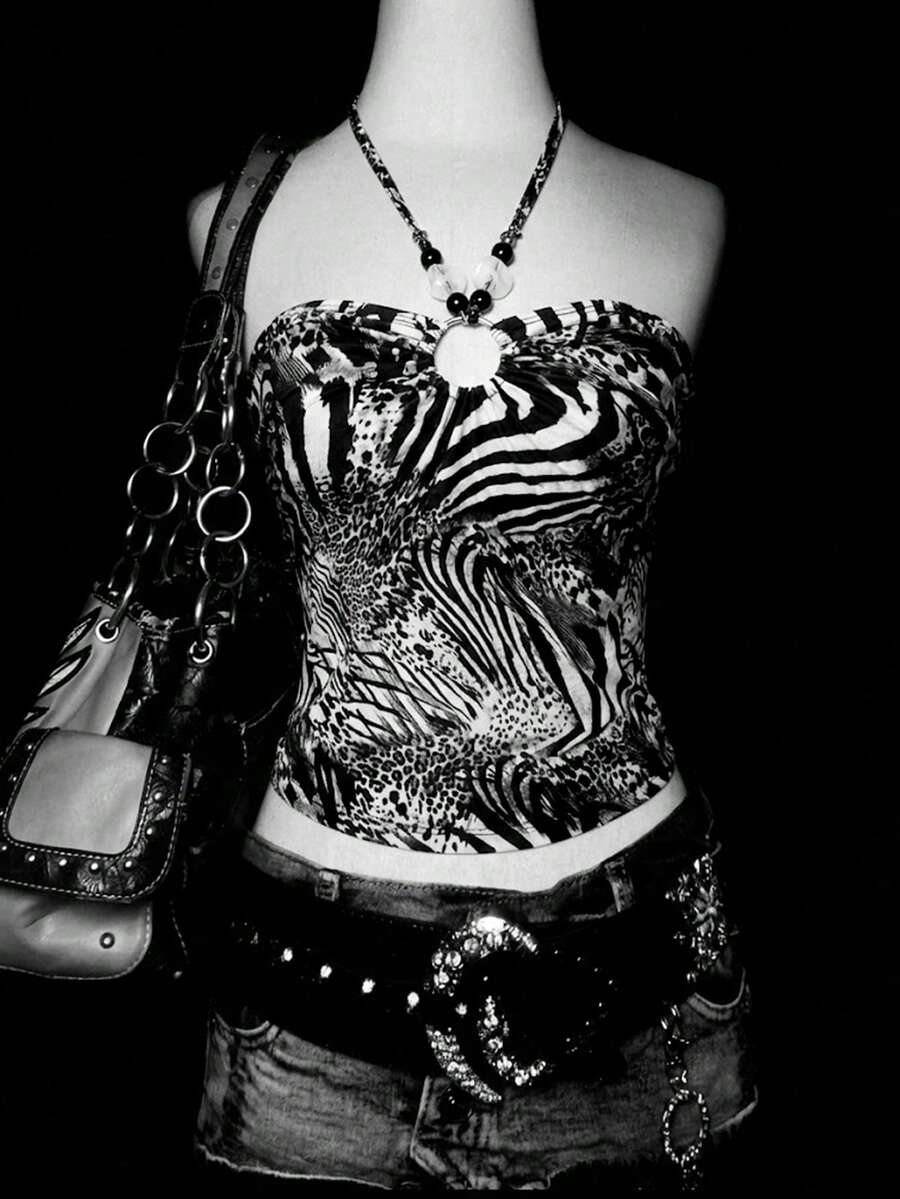 女士 Y2K 复古斑马纹和豹纹吊带露背上衣 - O 型环无袖露脐吊带衫，朋克街头风度假外出上衣，夏季女装，情人节穿搭，派对穿搭，音乐节穿搭，浪漫约会穿搭，假日穿搭，春夏日常穿搭，嘉年华休闲穿搭 - 彩色 - 查看 1
