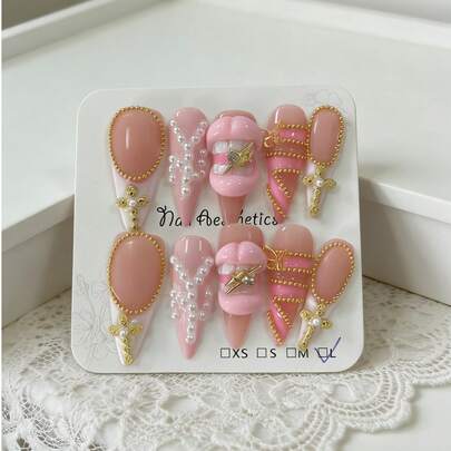 10片装法式杏仁形链条奢华水钻3D红唇女神美甲贴片