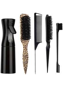 5-Piece Hair Styling Comb Set - Includes 200ml Spray Bottle, Leopard Print Hairbrush, Teasing Comb And Smoothing Comb, Unisex, Perfect For Creating Slicked Back Hairstyles. - Multicolor - View 7