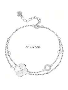 1pc S925 Sterling Silver Geometric Circle & Four-Leaf Clover Pendant Bracelet For Women, Fashionable, Elegant, Sophisticated Design, Versatile For Work And Occasions - Four Leaf Clover - View 10