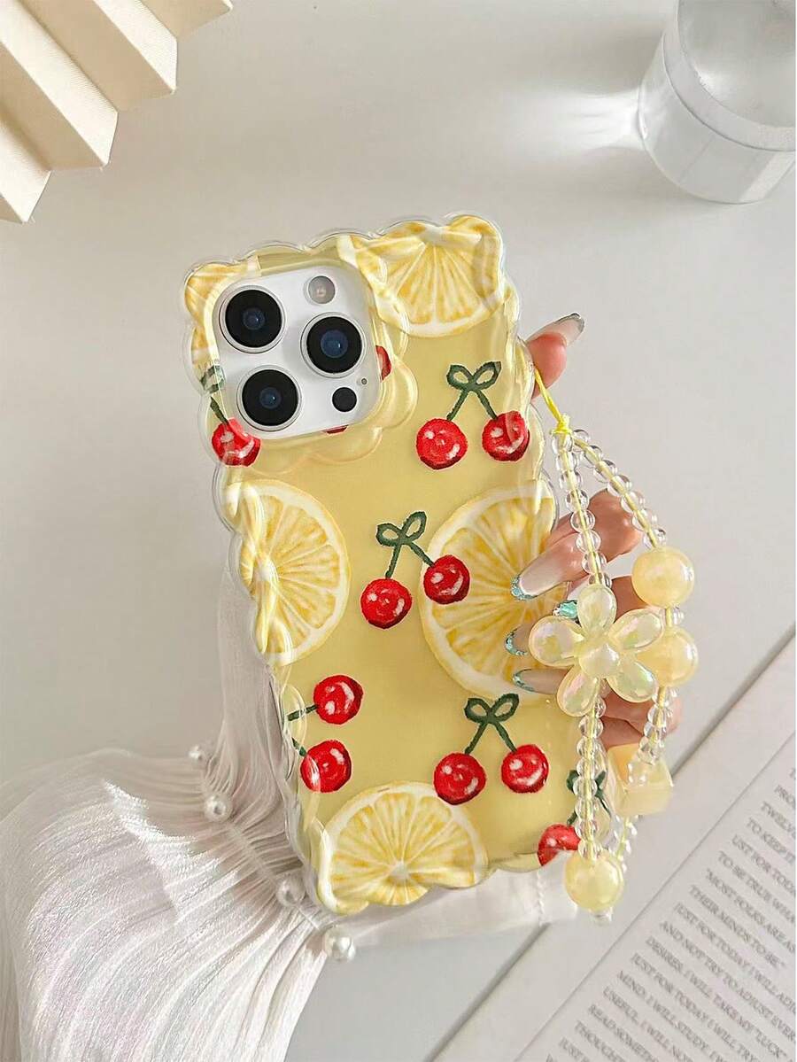 橙色樱桃彩绘编织波浪边透明保护手机壳,兼容 17/17 Pro/17 Pro Max、16/16 Pro/16 Pro Max/16 Plus、14、15、XS、XR、7/8、7P/8P,印花彩色防震可爱手机壳 - 彩色 - 查看 1