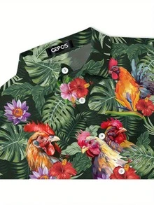 Rooster And Tropical Flower Print Symbolizes Vitality Freedom And Harmony With Nature Vibrant 3D Printed Hawaiian Men Shirt Short Sleeve Casual Summer Beachwear - trắng - Xem 2