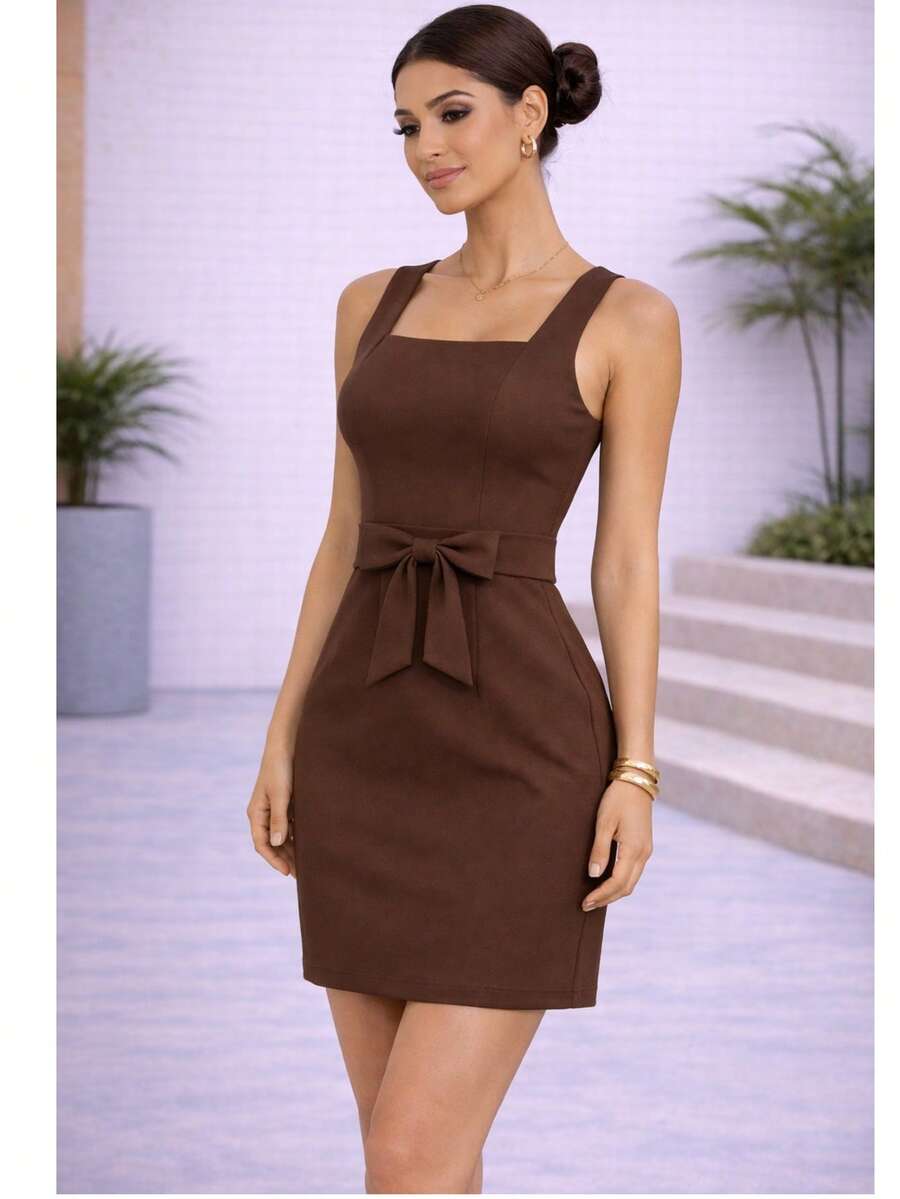 Elegant, Plain Tailored Dress | A Flattering Design Suitable For Any Occasion. - Coffee - View 1