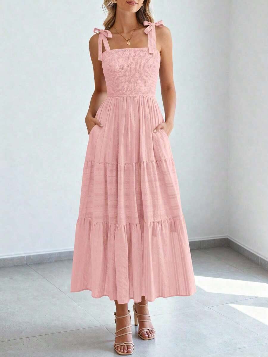 Women's Boho A-Line Maxi Dress, Summer Sleeveless Tie Shoulder Smocked High Waist Long Sundress With Pockets, Casual Dress For Beach Vacation & Holiday Outings - 粉色 - 查看 1