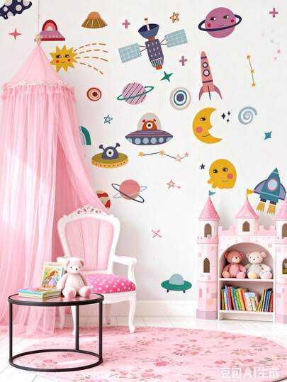 1张壁纸 - [星球、儿童、汽车] 男孩儿童房装饰 家居自粘婴儿房装饰 女孩房装饰壁纸 可移除墙贴 适用于客厅、女孩卧室墙面装饰、窗户贴纸 - 可爱创意墙面艺术 儿童房装饰 卧室装饰