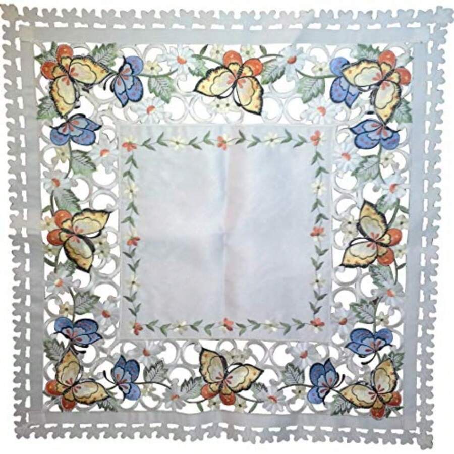 Tablecloth or Table Topper Square Embroidered with Mult Color Butterflies on Ivory Material Size 33 x 33 inches - Multicolor - Ver 1