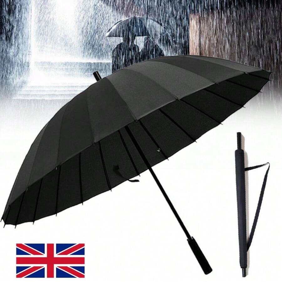 24 Ribs Umbrella Classic Large Umbrellas Strong Windproof Stormproof Black V - Black - View 1