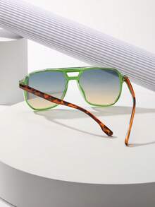 1pc Unisex Tortoiseshell Color Block Double Bridge Aviator Style Fashion Glasses, Suitable For Vacation, Boho Style, Beach Accessories, Autumn/Winter, Business Casual, Gift - Greenish Yellow - View 5