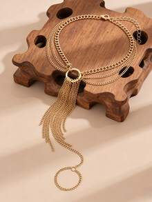 1pc Beach Vacation Style Metal Tassel Anklet, European And American Multi-Layer Connected Toe Chain, Versatile Personalized Connected Finger Foot Chain - Gold - View 4