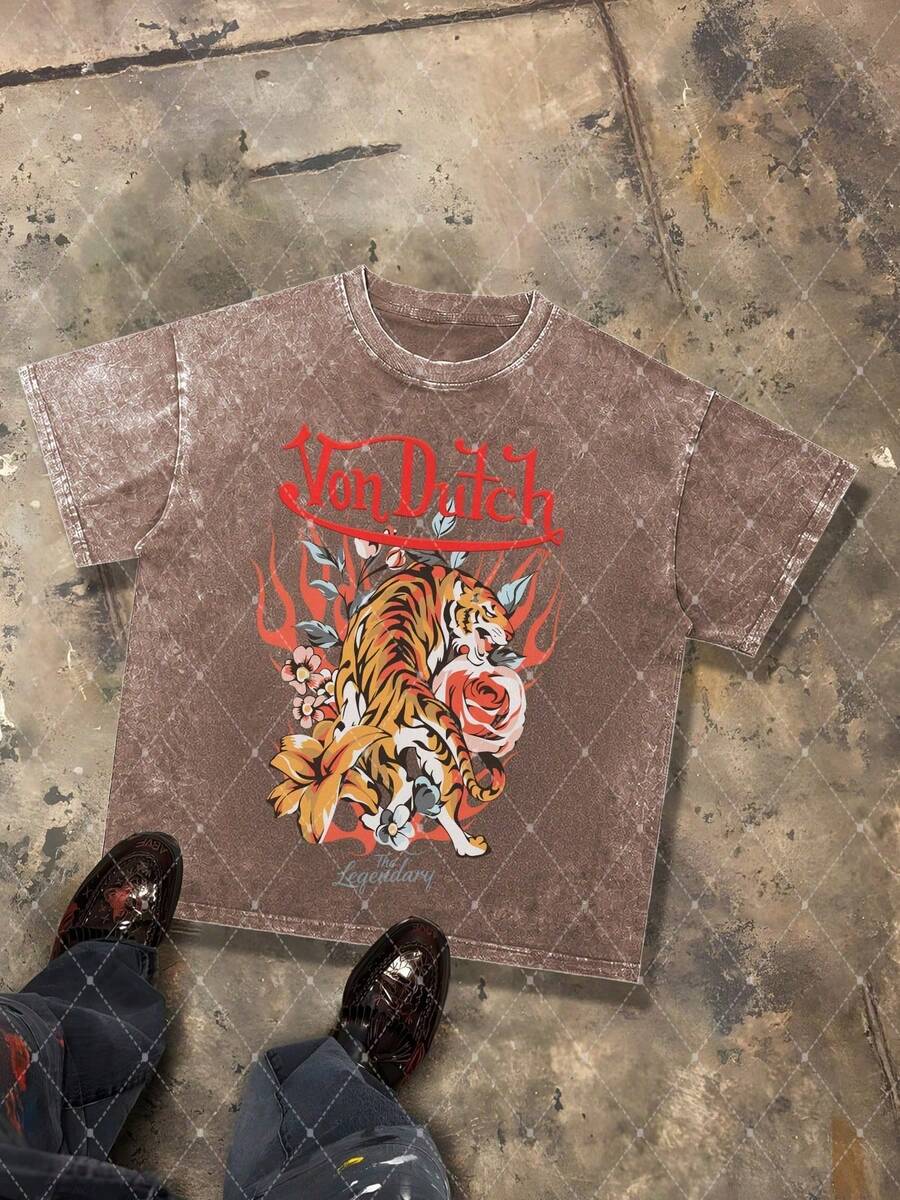 CHAOSHU Van Dutch The Legendary Tiger Rose Graphic Men's 230g Combed Washed Cotton T-Shirt, Street Short-Sleeve Top, Floral Tattoo Vintage Style Apparel, Spring Summer Crew Neck Top, Suitable For Summer Daily Casual Wear - 咖啡棕 - 查看 1