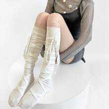 1 Pair Black/White Lace-Up Knee High Socks For Women, Unique Cross Bow Tie Design Thigh High Stockings, Stretchy Ballerina Socks Suitable For Daily Wear, Party, Cosplay And Streetwear, Spring/Summer - 白色 - 查看 6