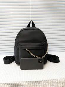 Large Capacity Women's Backpack, Classic Solid Color Design - Black - View 3