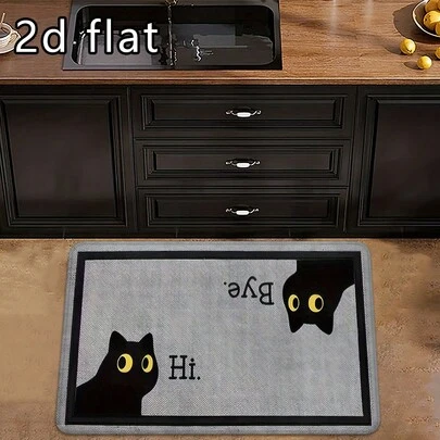 1pc/2pcs/3pcs Cute Black Cat With "B&K Hi" Design Kitchen Floor Mat - Machine Washable Non-Slip Oil-Proof Waterproof Mat, Dirt And Wear Resistant Rectangular Carpet For Entryway, Bathroom, Laundry Room - Durable Non-Slip Indoor Rug, Bathroom Mat
