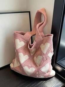 针织编织单肩包 夏季沙滩包 百搭拍照爱心图案包 休闲旅行大容量手提包 假日必备 - 彩色 - 查看 9