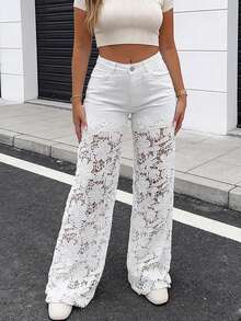 ChicMe Women's Hollow Lace Patchwork High Waist Straight Leg Jeans, Zipper Denim Pants, Casual Fashion Street Style - White - View 2