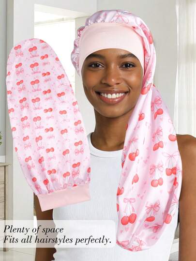 1 pieza Gorro de dormir con estampado de lazo de cereza, lindo gorro de satén con banda elástica ajustable, volantes y doble capa para cabello rizado, liso, largo, rastas y trenzas
