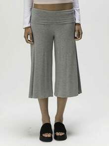 Women Y2K Cropped Wide Leg Pants, Retro Horizontal Stripe Polka Dot Print Fold Over Waistband Stretchy Knit Culottes For Streetwear Daily Outings - 灰色 - 查看 1