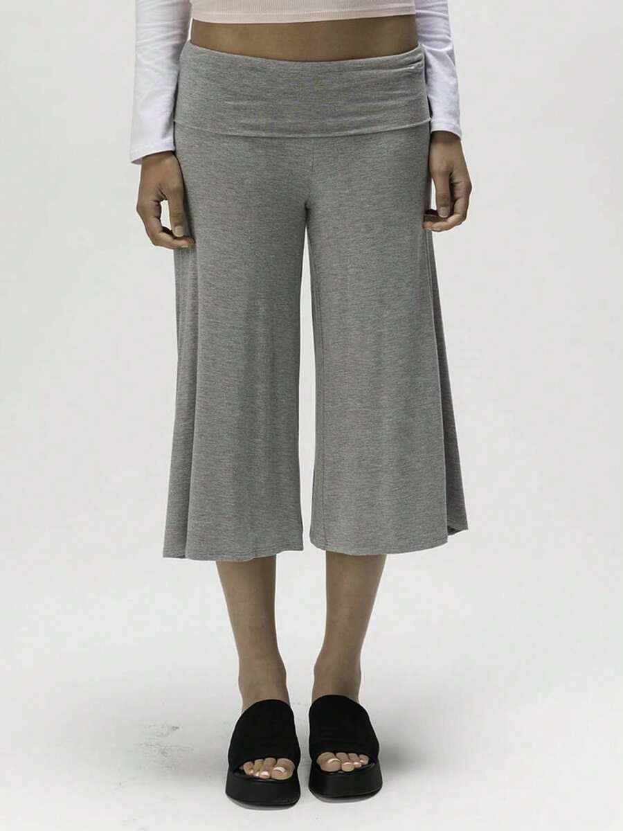 Women Y2K Cropped Wide Leg Pants, Retro Horizontal Stripe Polka Dot Print Fold Over Waistband Stretchy Knit Culottes For Streetwear Daily Outings - 灰色 - 查看 1
