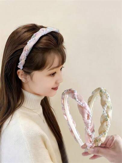 1件甜美优雅的仿珍珠碎花网纱编织发箍，高冠压发饰，适合搭配连衣裙、度假、日常出行，波西米亚风优雅装饰