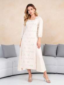 2026 New Style Festival Traditional Elegant Embroidered Floral Arabic Dress, Modest Abaya With 2 In 1 Design, 3/4 Sleeve, Fashionable And Graceful - Apricot - View 8