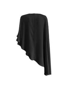 Women's New Fashionable Casual Solid Color Asymmetrical Round Neck Batwing Sleeve Tassel Hem Streetwear Versatile Top, Spring/Summer Black - Black - View 9