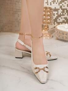 Giày cao gót mũi nhọn hở gót dành cho nữ, dây xích kim loại, gót dày, thêu, giày cao gót bít mũi, sandal hở mũi. - Màu be - Xem 3