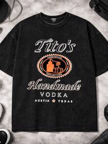 Men Black Washed Streetwear Fashion Urban 100 Percent Cotton T Shirt With Titos Handmade Vodka Austin Texas Print Gym Workout | Vintage Heavyweight T Shirt | Perfect Gift | Loose Casual Breathable | Machine Washable Fabric | Hip Hop Cool Style | Drippy Clothes | Y2K - Black - View 2