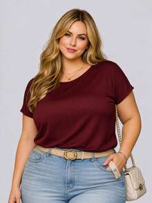 Blusa Plus Size modelo Elegante  feminina premium Manga Morcego Básica em Viscolycra Gola Redonda Confortável Casual - Vinho - Visão 10