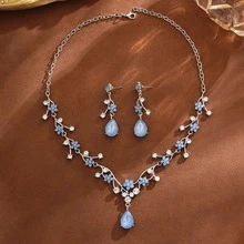 Bộ trang sức gồm dây chuyền và bông tai đính đá pha lê, phụ kiện thời trang thanh lịch, quyến rũ, thích hợp cho đám cưới, trang sức ngọc trai, trang sức vàng, trang sức đi biển, phù hợp cho mặc hàng ngày, dự tiệc, du lịch, là lựa chọn quà tặng hoàn hảo. - Màu xanh nhạt - Xem 4