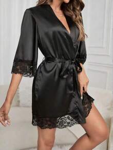 Satin Lace Trim Women's Robe, Bridal Robe Bridesmaid Gift, Lace Sleepwear Tie Casual Robe, Summer Robe, Back To School Robe - Black - View 5