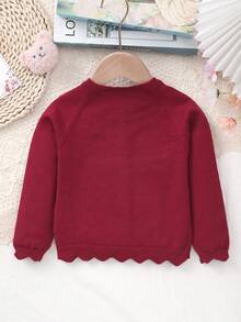 Infant Girls' Solid Color Soft Lightweight Hollow Floral Button Long Sleeve Knit Cardigan Sweater, Suitable For All Seasons Wear At Home Or Matching Outfits, Also As Eid Al-Fitr Gift - Burgundy - View 6
