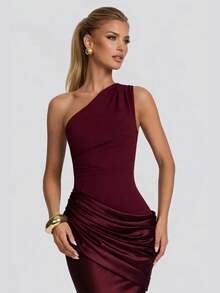 Sleeveless Solid Color Party Sexy Zipper Asymmetric/Asymmetrical Backless Evening Dress - Burgundy - View 1