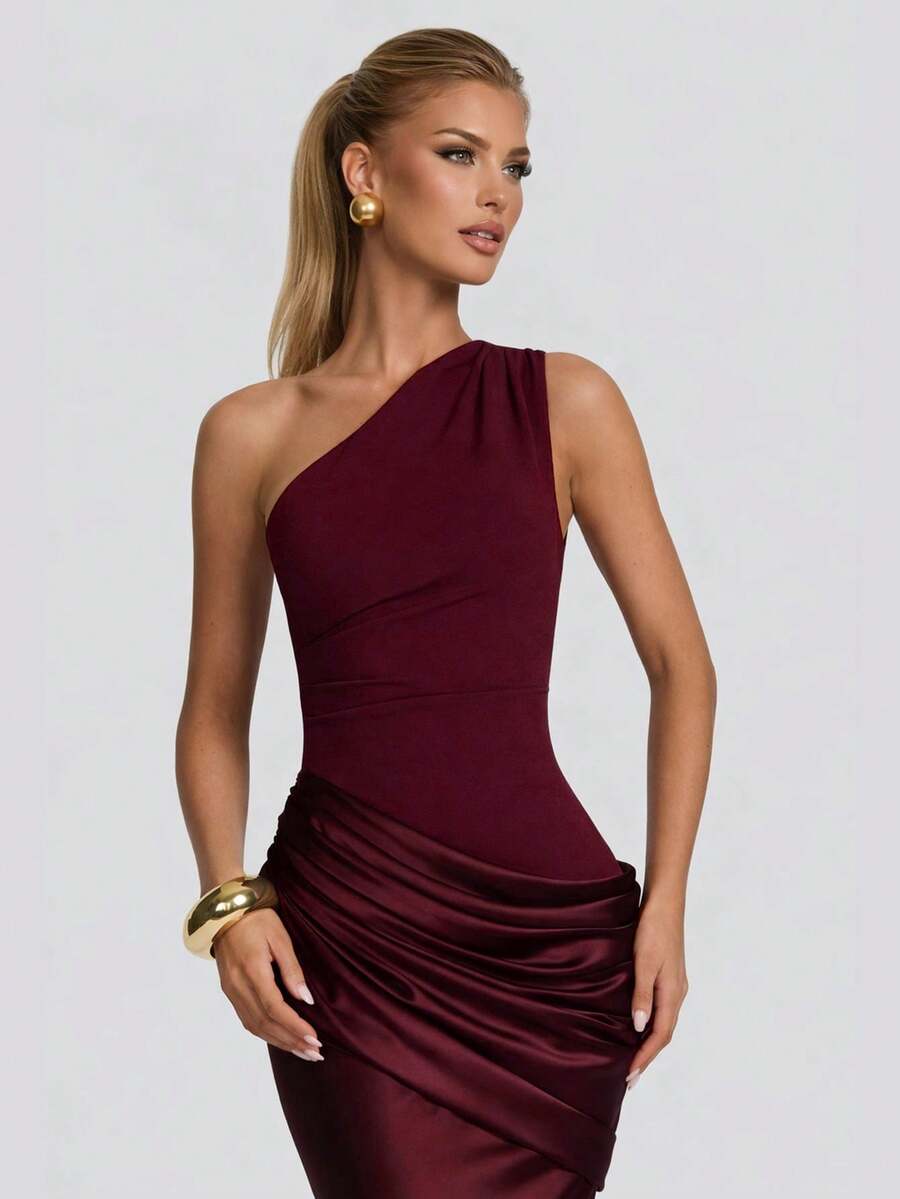 Sleeveless Solid Color Party Sexy Zipper Asymmetric/Asymmetrical Backless Evening Dress - Burgundy - View 1