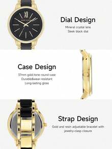 Anne Klein Đồng hồ nữ thạch anh, đồng hồ dây đeo bằng nhựa, đồng hồ gốm mặt số khảm xà cừ kiểu dáng thường ngày. - Đen và vàng - Xem 3
