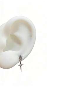 精致十字架吊坠耳环，时尚奢华学生风耳夹，女士春夏款 - 銀色 - 查看 6