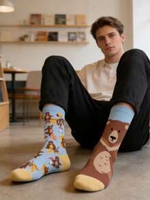 1 par de calcetines casuales de media pantorrilla asimétricos con diseño de oso de dibujos animados en azul claro y marrón, para uso diario en todas las estaciones - Multicolor - Ver 5
