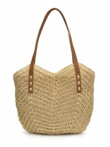 Túi đeo vai đa năng, phong cách retro đơn giản, thường ngày và thời trang, túi tote đeo vai bằng rơm dệt mềm mại, thiết kế độc đáo, nhẹ nhàng và đơn giản, phù hợp cho du lịch hàng ngày, mua sắm và hẹn hò, v.v. - Màu be - Xem 7