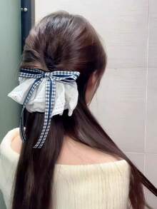 1pc Women's Blue & White Plaid Lace Bow Hair Clip, Spring/Summer Collegiate Style Ribbon Hair Accessory - Multicolor - View 5