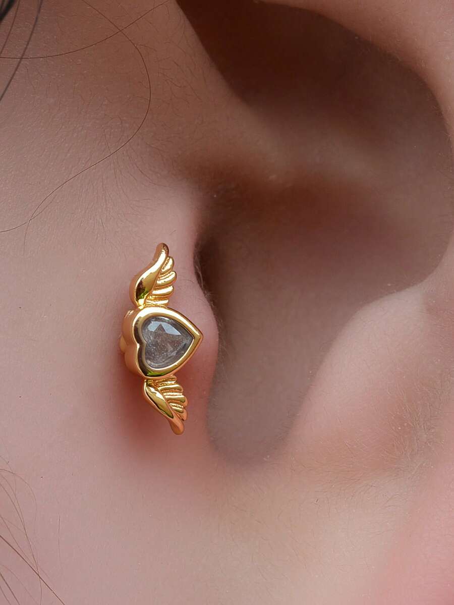 1pc 18K Gold Plated Stainless Steel Angel Wing Flat Stud Earrings, Suitable For Cartilage, Helix, Tragus, Earlobes And Other Pierced Areas, Inlaid With CZ Heart Crystal, Non-Allergic, Anti-Oxidation, Suitable For Sensitive Ears, 20G - A Round Angel Wing Earring - View 1