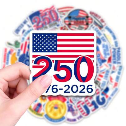 50张美国建国250周年纪念贴纸，1776-2026爱国美国国旗贴纸，适用于成人、水瓶、笔记本电脑、手机壳、汽车、日记本、爱国活动、独立日庆祝活动、阵亡将士纪念日游行、退伍军人节聚会等场合，防水乙烯基贴纸，可用于个性化装饰和纪念用途。