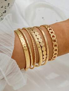 7Pcs/Set Exaggerated Personalized Hammered Hexagram Twist Open Bangle Bracelet Set Jewelry Accessories, Suitable Daily Wear - Yellow Gold - View 2