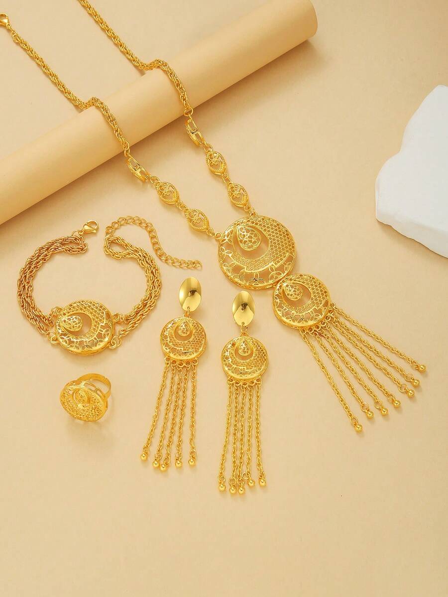 Juego de joyería de 5 piezas con media luna hueca y borlas, regalo para mujeres - Dorado - Ver 1