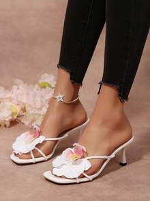 法式花卉单带高跟凉鞋，简约小众修身款，适合夏季约会、购物和派对等场合 - 白色 - 查看 7