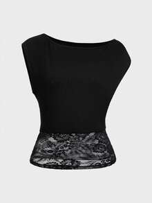 QUNGIGU Áo croptop nữ gợi cảm cổ lệch, viền ren đen, kiểu dáng thanh lịch hở vai, thích hợp cho đi chơi, hẹn hò, dự tiệc. - màu đen - Xem 6