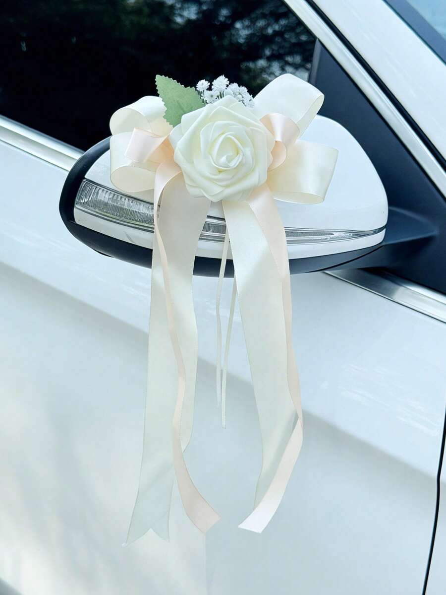 1个仿真玫瑰花汽车装饰蝴蝶结，浪漫缎带花朵饰品，适用于婚礼新娘车后视镜、门把手装饰 - 1PC - 查看 1